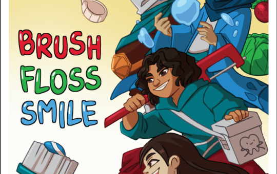 A cartoon illustration of a diverse group of children holding a toothbrush, type that reads, Brush Floss Smile.