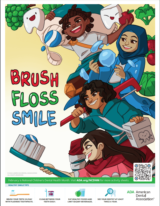 A cartoon illustration of a diverse group of children holding a toothbrush, type that reads, Brush Floss Smile.