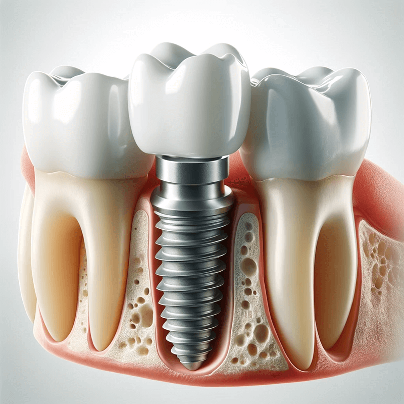 Illustration a dental implant within the human jaw, showing the three main components: the titanium implant, the abutment, and the crown. 