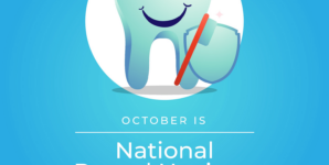 Illustration of a smiling tooth holding a toothbrush and reading October is National Dental Hygiene Month