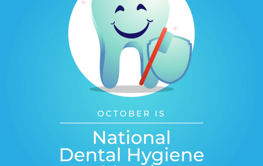 Illustration of a smiling tooth holding a toothbrush and reading October is National Dental Hygiene Month