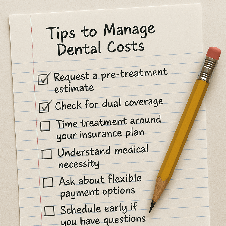 Handwritten checklist titled "Tips to Manage Dental Costs" on lined notebook paper with a yellow pencil beside it. The first two items—"Request a pre-treatment estimate" and "Check for dual coverage"—are checked off, while the remaining four items are unchecked.